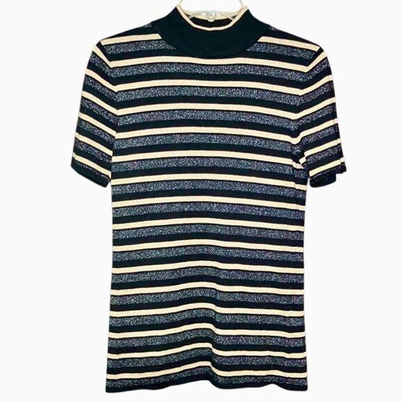 Tahari Striped Mock Neck Top in Black/Gold/Silver Women’s S - Picture 2 of 8